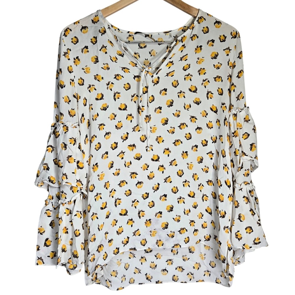 Kobi Halperin Womens L Floral Silk Blouse White Yellow Ruffle Sleeve Tie Neck